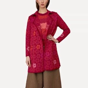 Oleana Portugal Bloss Long Cardigan Sweater Jacket – Red Pink Floral, Sz M